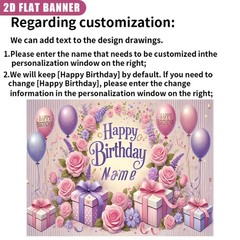 1pc 2D Personalized Happy Birthday Banner Custom Name Age Floral Balloon Party❀