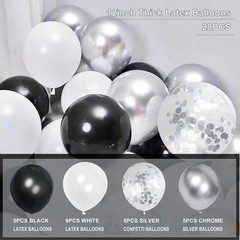 Black Silver White Birthday Decor Set Balloons Banner Garland Party Supplies New