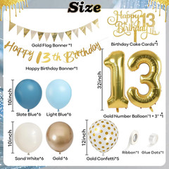 13Th Birthday Decorations for Girls Boys, Dusty Blue Cream White Gold 13 Balloon