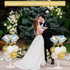 Engagement Party Balloon Stand Kit – 2 Diamond Ring Foil & Confetti Balloons for