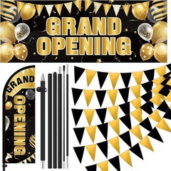 7ft Grand Opening Store Sign Triangle Flags Set – Black Gold