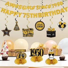 11Pcs 75th Birthday Decorations Kit for Men Women, Black Gold Happy 75th Birt…