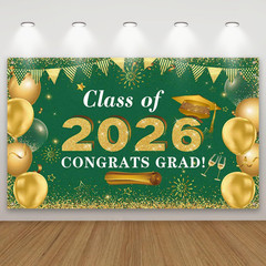 Graduation Decorations Congrats Grad Class of 2026 Backdrop – Green and Gold Gra