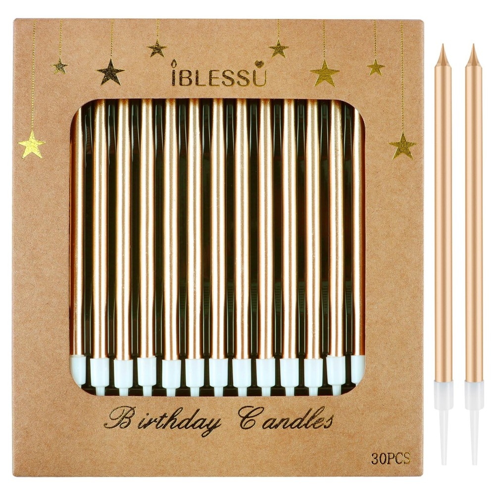 30 PCS Champagne Gold Long Birthday Candles, Thin Metallic Cake Candles, Tall…