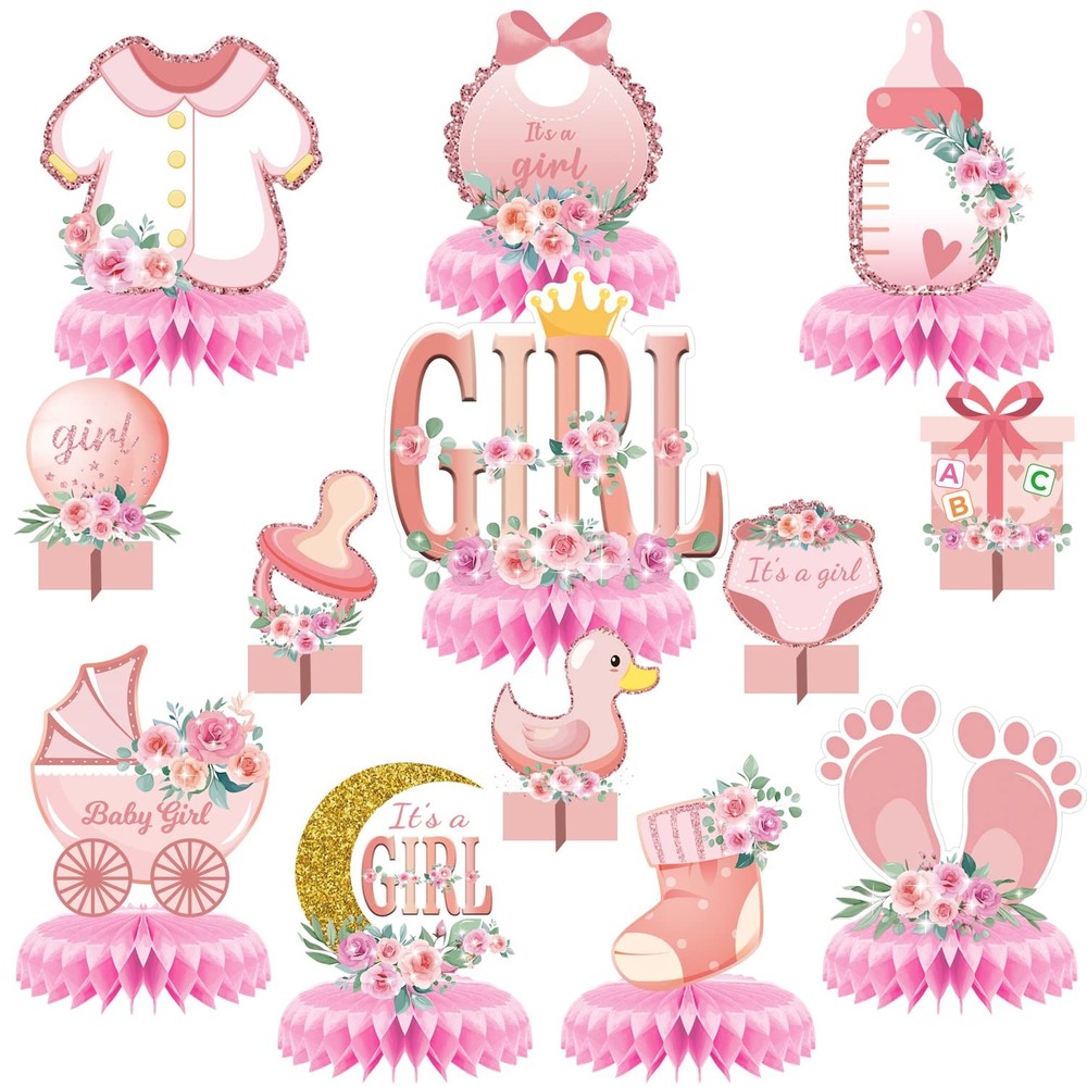 13 Pcs Pink Baby Shower Centerpiece for Girls – Honeycomb Decorations for Tables