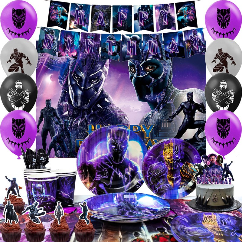 Black Panther Party Decoration Birthday Tableware Balloons Plates Cake Topper