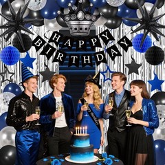 Blue and Black Birthday Decorations for Men Boys Women, 78PCS Blue and Silver…