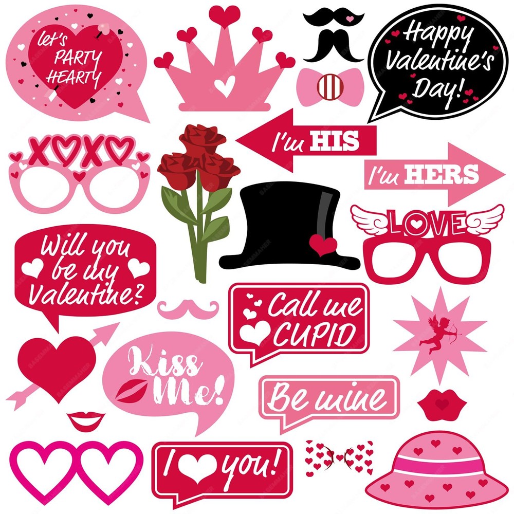 Valentine’s Day Photo Booth Props Kit 25Pcs Pink Wedding Selfie Photography P…