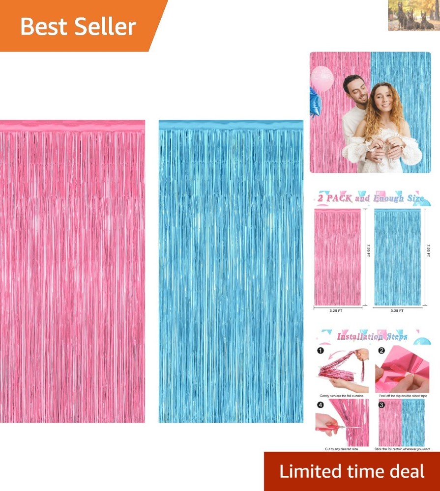Elegant 2 Pack Pink Blue Foil Curtain Backdrop for Gender Reveals – 3.28×7.05FT