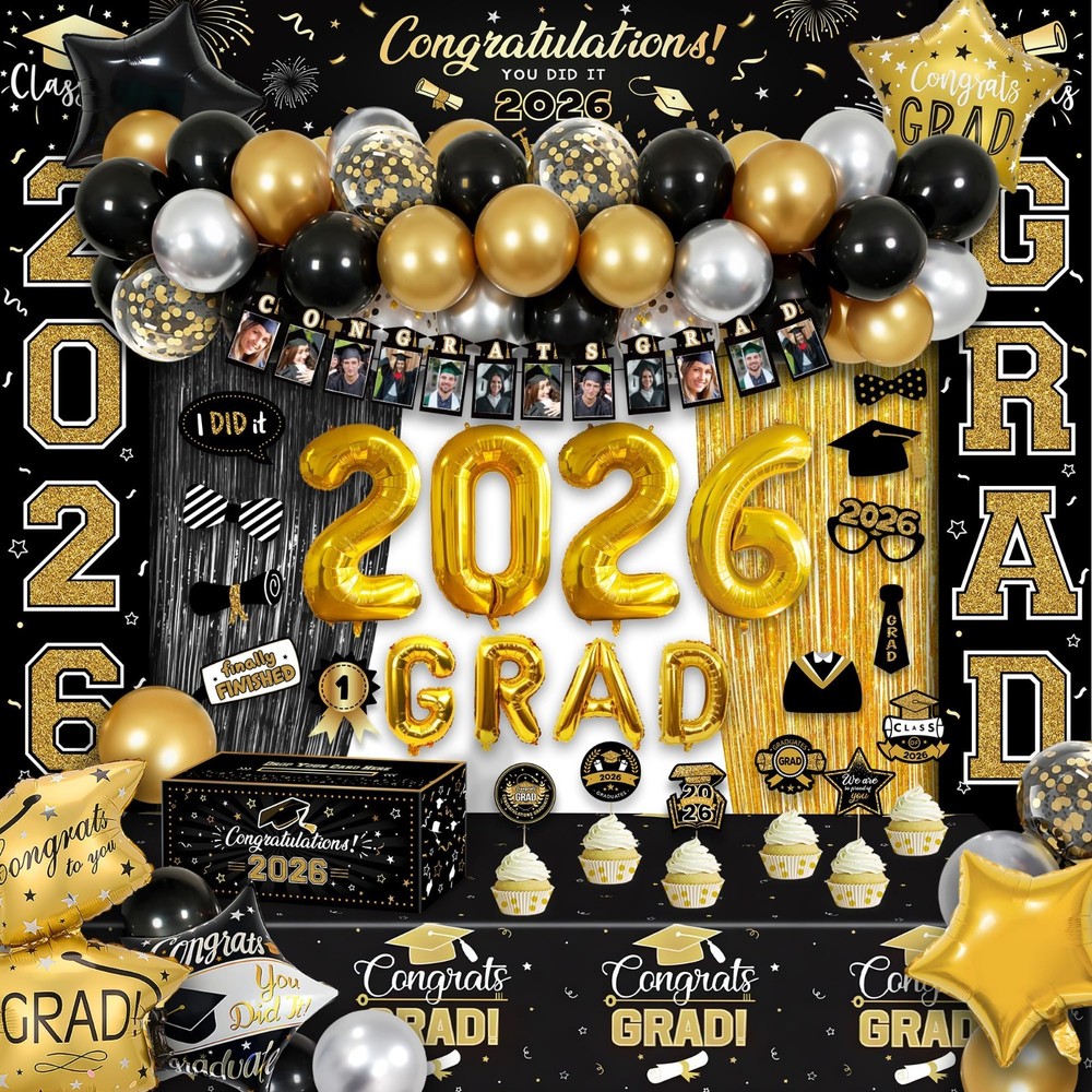 125 PCS Black & Gold Graduation Party Decorations 2026 – Banners, Balloons, Tabl