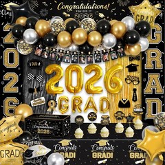 125 PCS Black & Gold Graduation Party Decorations 2026 – Banners, Balloons, Tabl