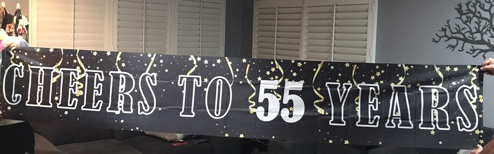 Birthday Banner Large «Cheers to 55 Years» Party Decor Black & Gold 18″ x 120″