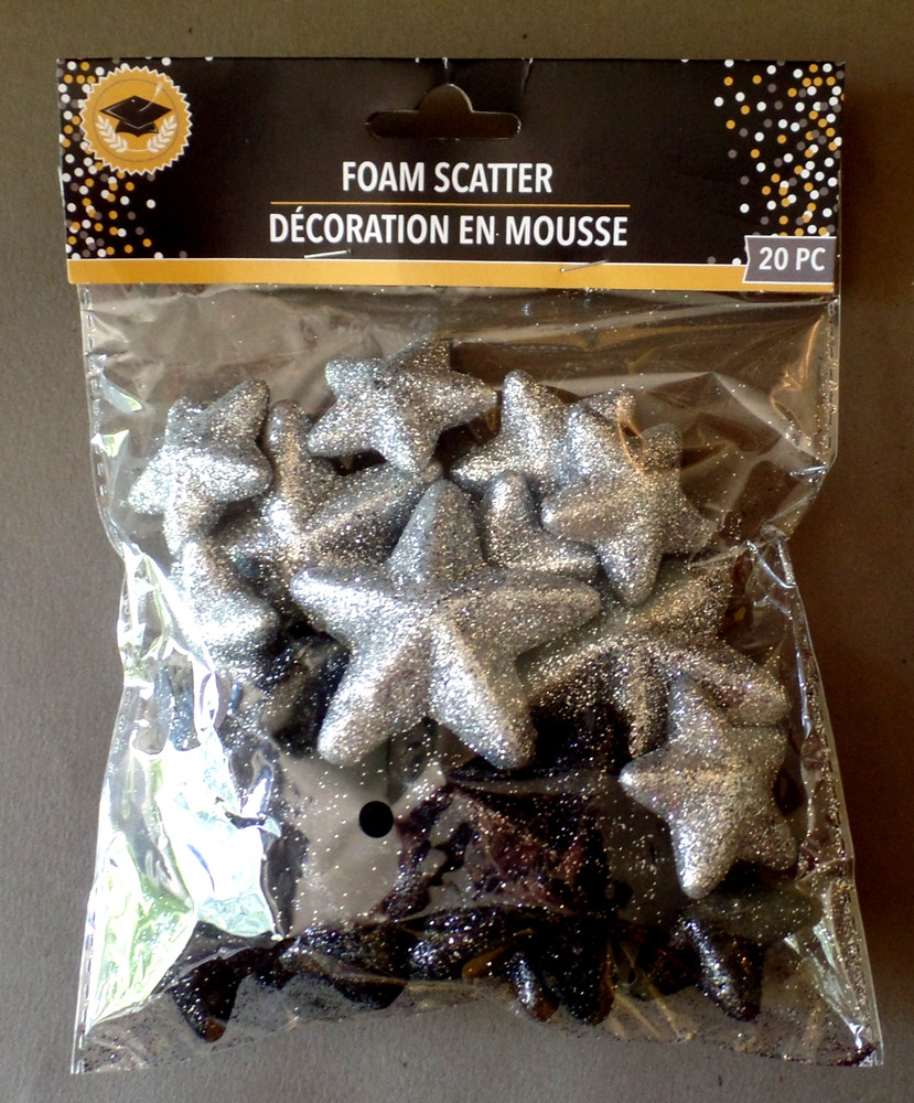 New 20 Piece Black & Silver Glitter FOAM SCATTER STARS Greenbrier International