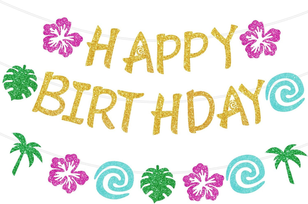 Glittery Gold Tropical Birthday Banner – DIY Luau Party Decorations, Island Adve
