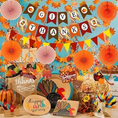 Give Thanks Pumpkin Maple leaf Paper Banner Triangle Flag Bunting Hanging