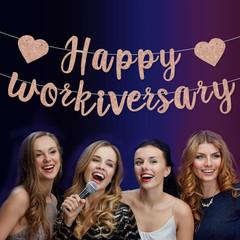 Rose Gold Glitte Happy Workiversary Banner – NO DIY -Rose Gold Work Anniversary