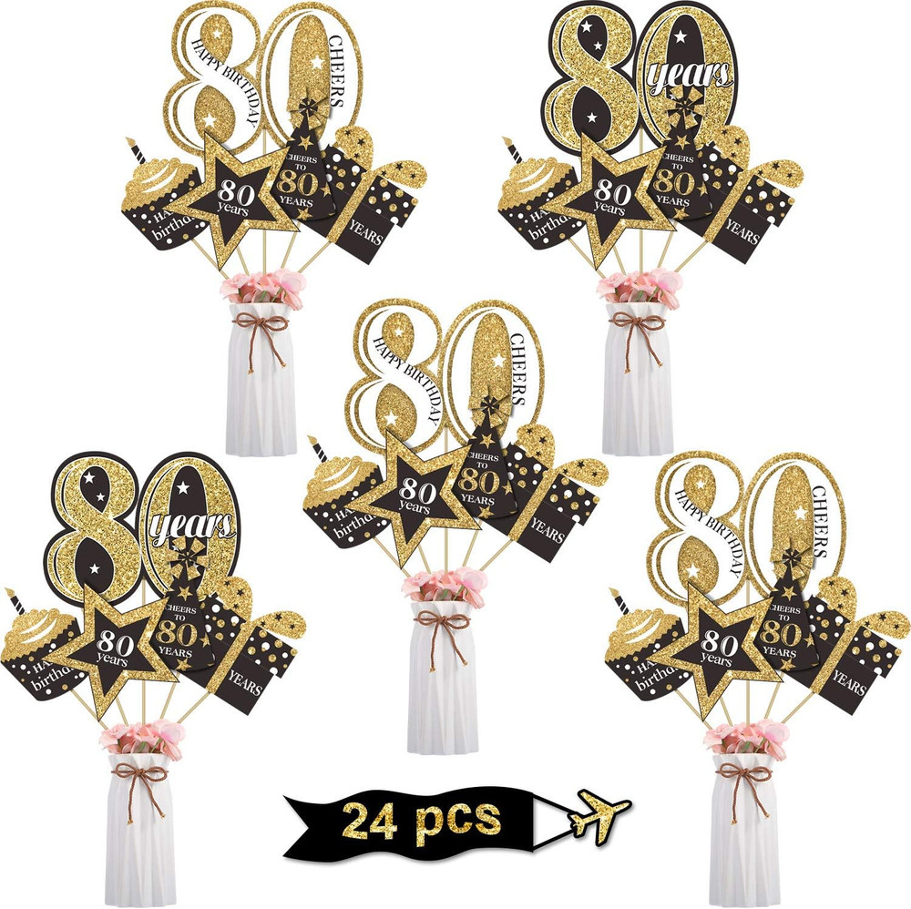 80th Birthday Centerpiece Sticks Gold Glitter Table Toppers Decor 24 Pack Party!