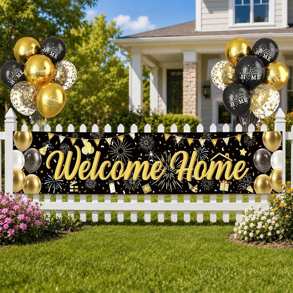 Black and Gold Welcome Home Decorations, Black Gold Printed Confetti Balloon 9Pc