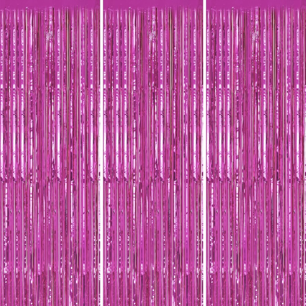 DECOCKRAT 3 Pack Foil Fringe Backdrop – 39.6″W x 98.4″L (Pack of 3), Hot Pink