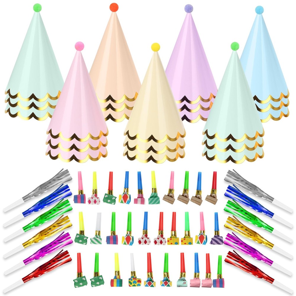 90 PCS Pastel Party Cone Hats with Colorful Blowout Macaron Themed Party Hats…