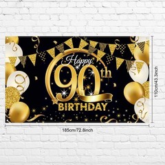 90th Birthday Party Decoration Extra Large Fabric Black Gold Sign Polyester
