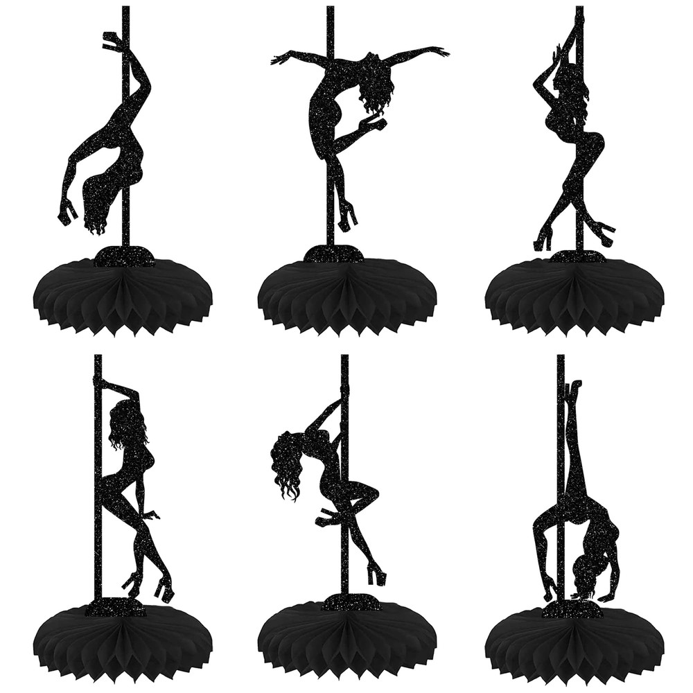 6 PCS Black Glitter Pole Dance Girl Honeycomb Table Centerpiece Toppers