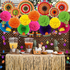 Mexican Party Decorations, 21 Pcs Multi-Color Paper Fans, Pom Poms Flowers for M