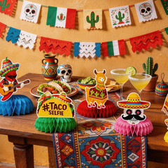 9 Pieces Fiesta Honeycomb Centerpieces Decorations – Mexican Sombrero Taco Llama
