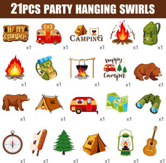 Happy Camper Hanging Swirls Camping Themed Party Decorations 21PCS Camping Adven