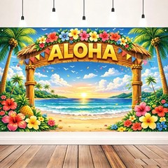 Aloha Beach Tropical Hawaiian Flowers Backdrop Party Photo Background Banner