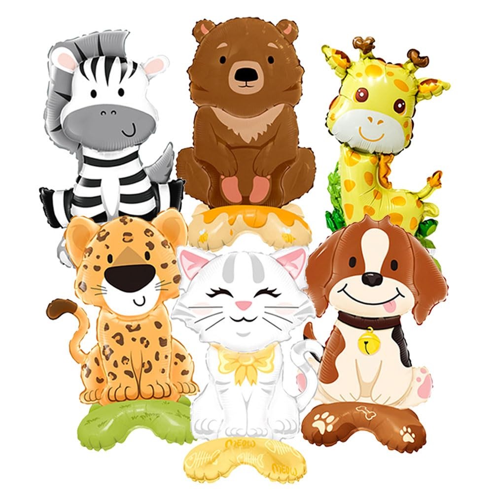 6pcs Standing Cute Animal Foil Balloons, Zebra Leopard Giraffe Bear Dog Cat M…