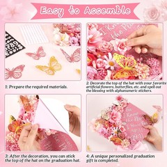 55 Pcs Pink DIY Graduation Cap Decorations Faux Assorted Flowers Pink Bows 3D…