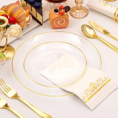 150 Pcs Plastic Dinnerware Set Disposable for 25 Guests – Clear Plates with G…