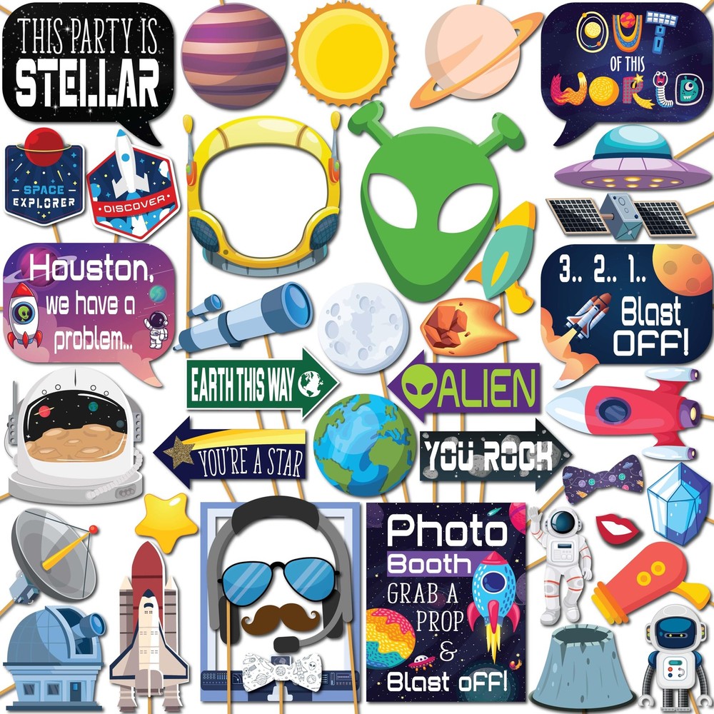 Space Photo Booth Props – 41-pc Photobooth Kit with 8 x 10-Inch Sign, 60 Adhe…