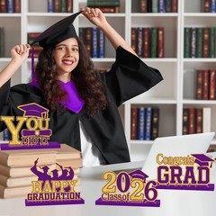 4Pcs Graduation Decorations Class of 2026 Wood Table Centerpieces Purple-gold