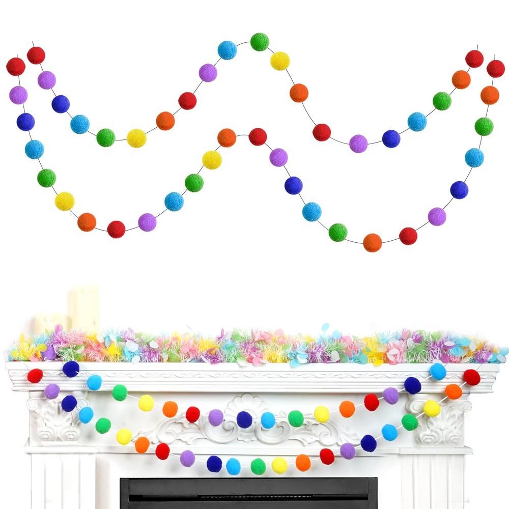 2pk Rainbow Color Pom Pom Garland 13FT Colorful Large Felt Garland for Mantle…