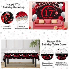 17th Decorations for Boys Girls Red and Black, Happy 17th Backdrop Banner, 17…