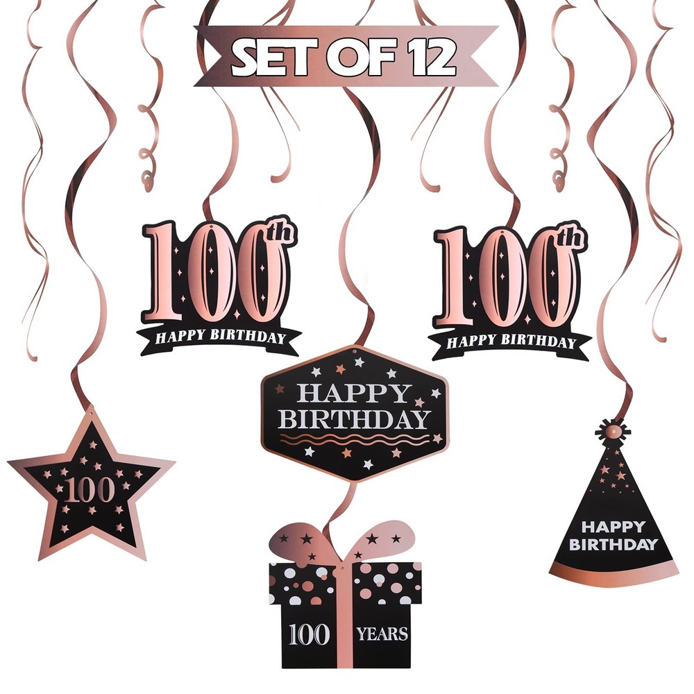 LINGTEER Happy 100th Birthday Decorations – 12Pcs 100th, Rose Gold