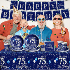 142 Pcs 75th Birthday Tableware Set Decorations Sliver and Blue 75th Happy Bi…
