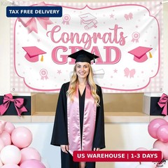 Katchon, Pink Bow Congrats Grad Banner – 72×44 Inch | Pink graduation banner Cla