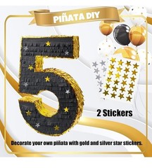 Number 5 Pinata for Kids 5th Birthday Party, Gold Black 20″ Stick Blindfold Conf