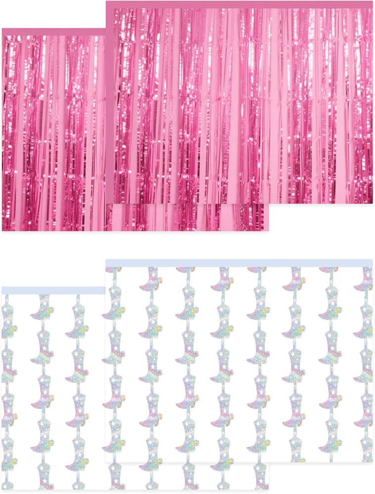 4 Pcs Cowgirl Party Decorations – 2 Boot Silver Metallic Tinsel Fringe Curtains