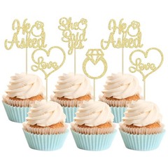 He Asked She Said Yes Cupcake Toppers Gold Glitter Diamond Ring Heart Love Ca…