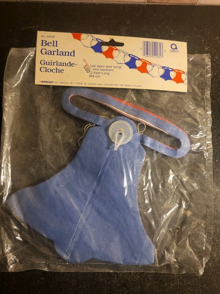 Vtg Amscan Red White Blue Bell Garland 12 Feet New/Sealed Flame Resistant July 4