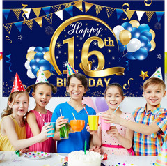 Blue Gold 16Th Birthday Banner Decorations – Blue Gold 16 Birthday Backdrop Part