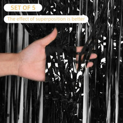 5 Pack Black Fringe Backdrop 3.2Ft X 8.2Ft Foil Curtain Tinsel Streamers for Bir