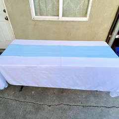 Lot of White Table Sheets (8), Blue Runners (12), Blue Pacifier Necklaces (17)