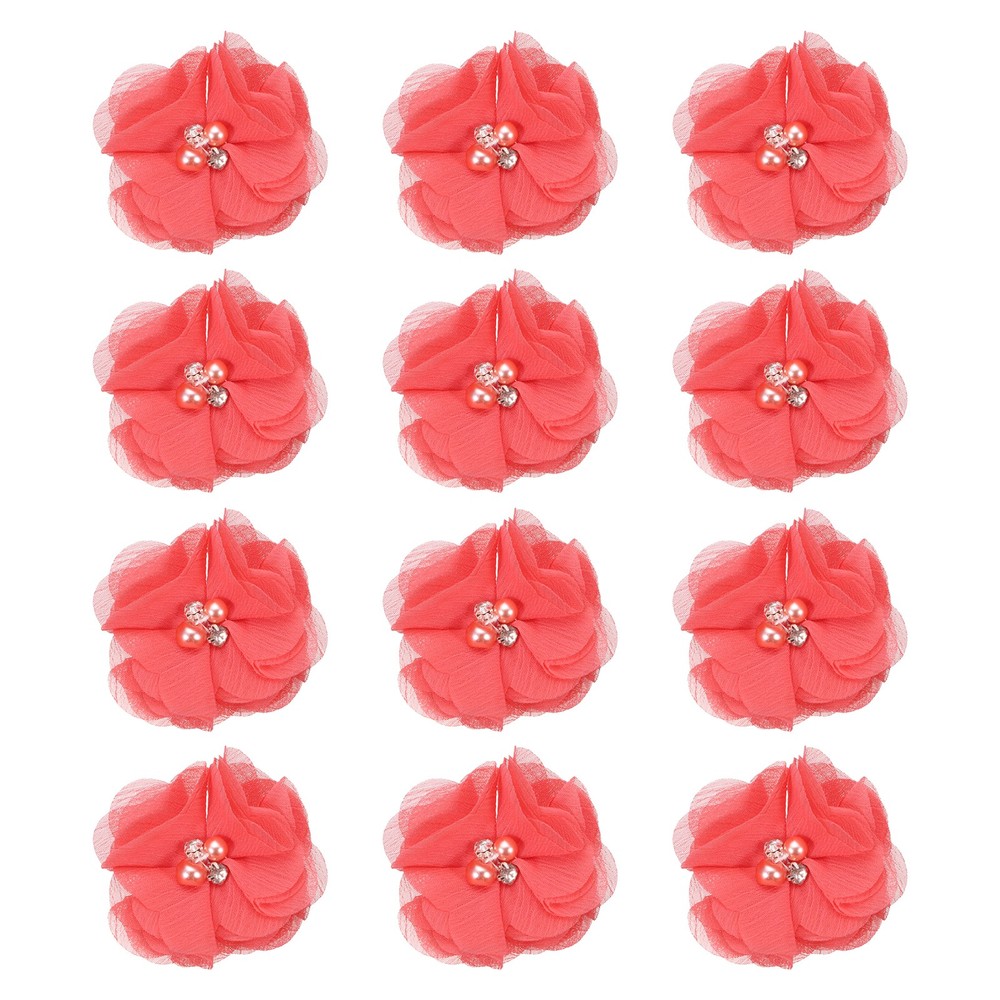 12Pcs 2″Chiffon Flower with Rhinestone Pearl Sewing Fabric Flower,Watermelon Red