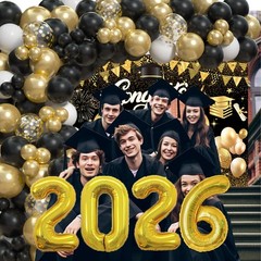 2026 Graduation Party Decorations – Black Gold Balloon Arch Kit & Congrats Grad