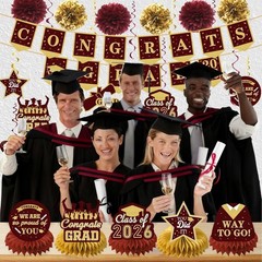 Maroon Gold Graduation Decor Pack 2026 – Congrats Grad Banner, Backdrop, Centerp